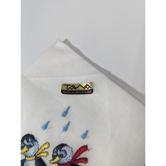 Vintage Penguins Hanky Handkerchief Pocket Scarf Blue Scalloped Edges Red Yellow - Picture 7 of 7